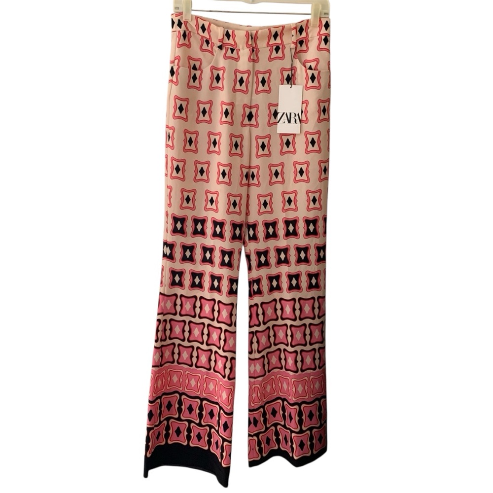 Zara Pink and Black Retro Geometric Flare Pants Medium